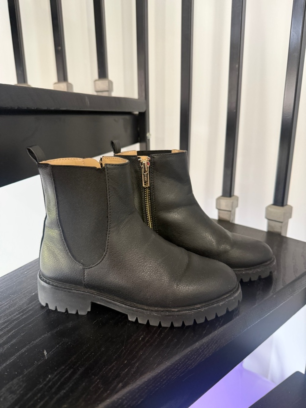 Janie and Jack Black Kids Leather Chelsea Boots with Gold Zipper Size 13